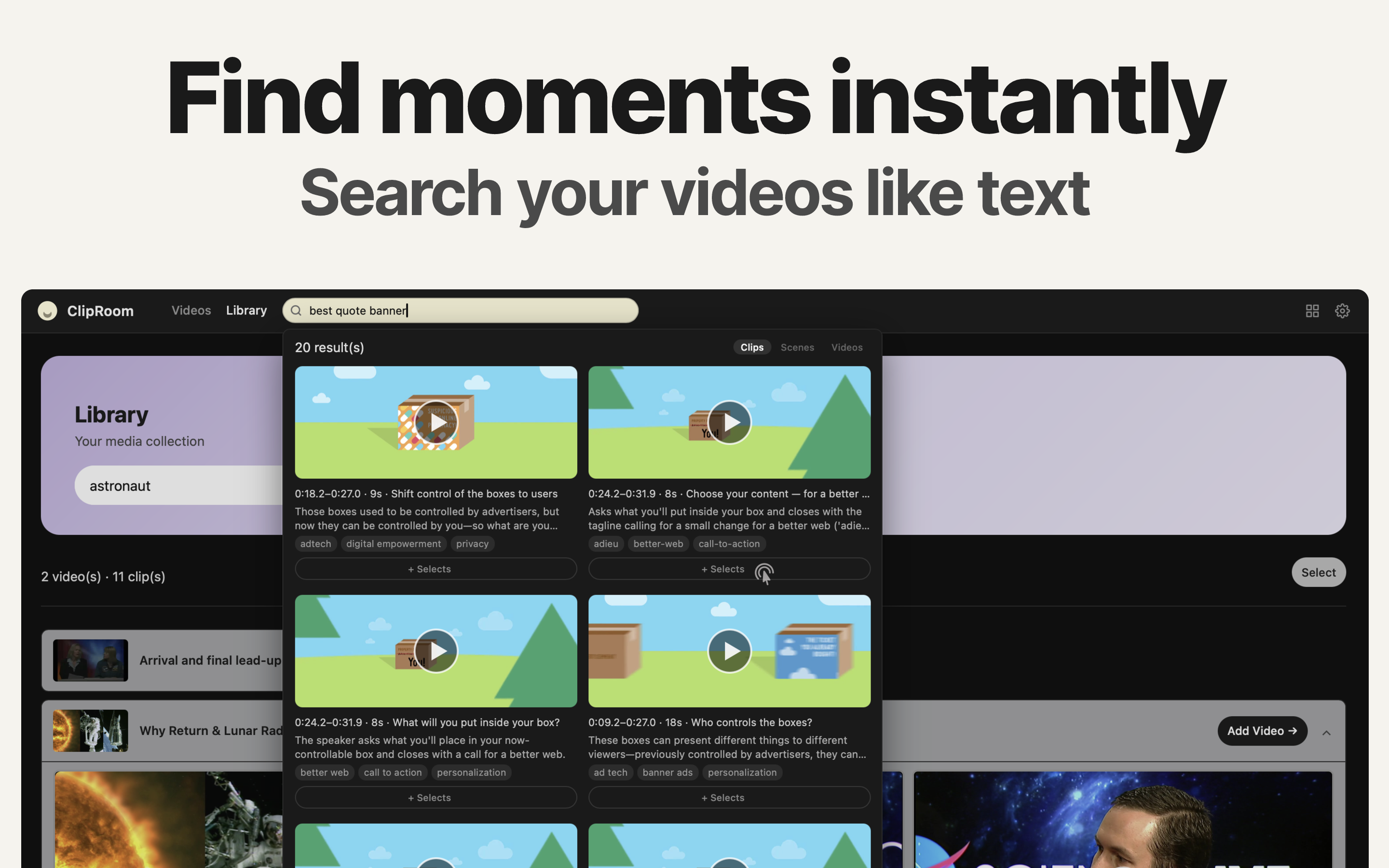 ClipRoom library — find moments instantly, search your videos like text