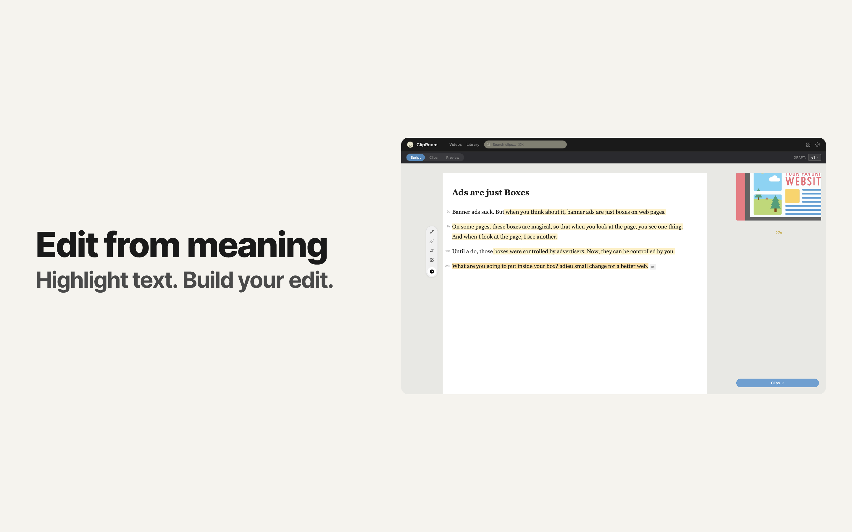 ClipRoom editing — highlight text to build your edit