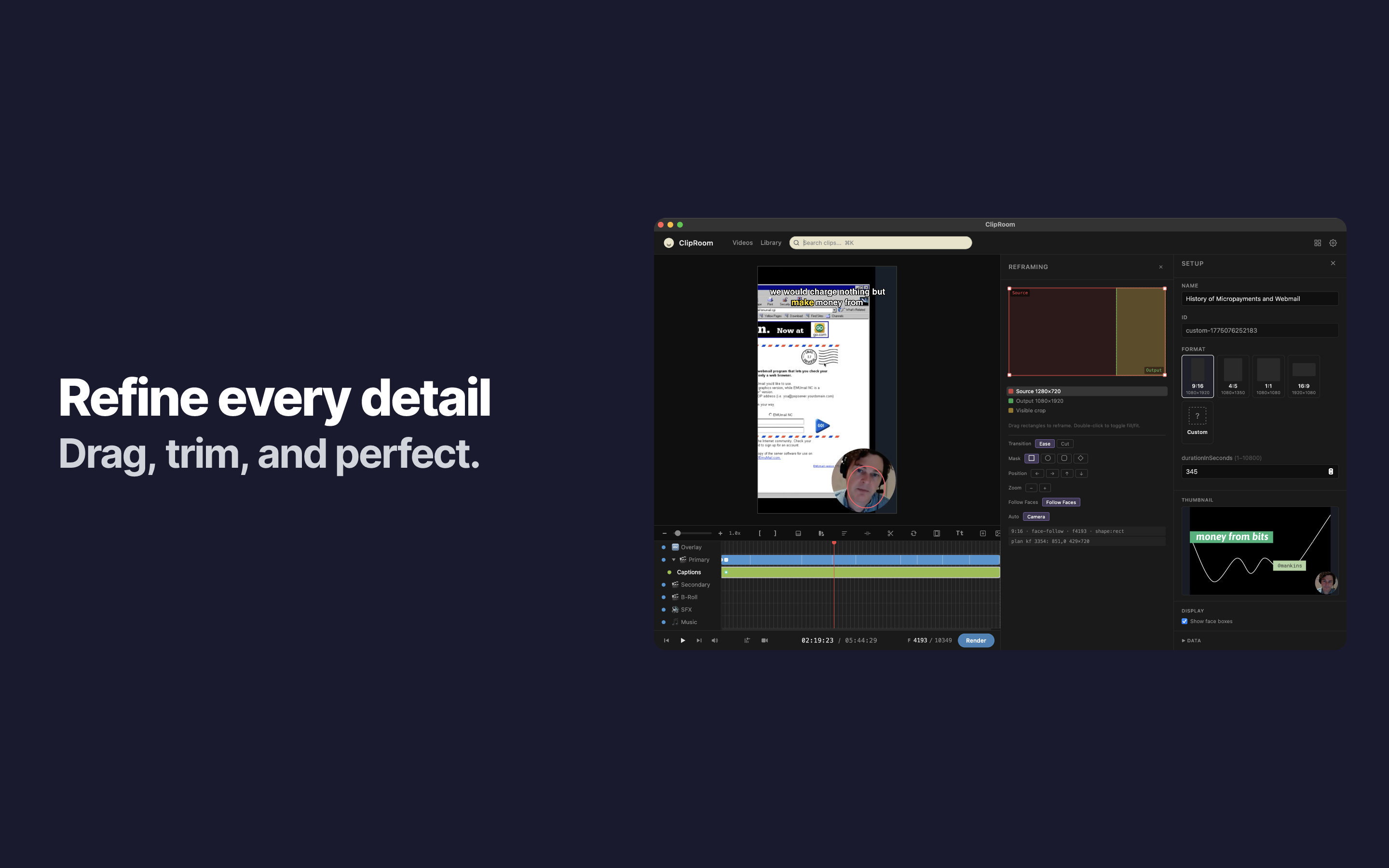 ClipRoom timeline — drag, trim, and perfect every detail